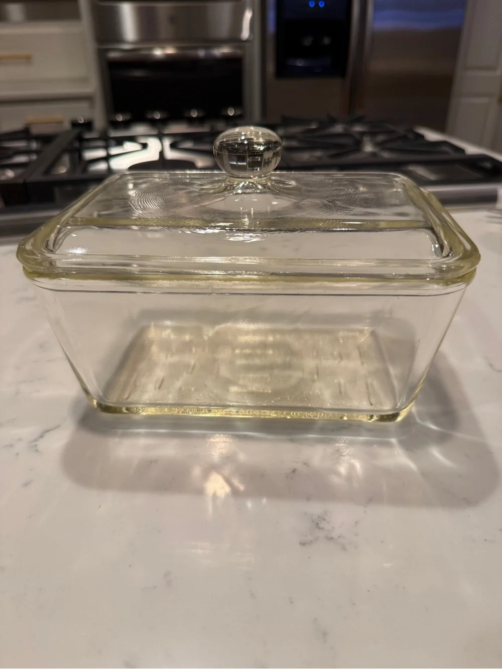 Vintage Glasbake 805 Clear Glass Refrigerator Dish w Lid 1.5 Qt 1940s